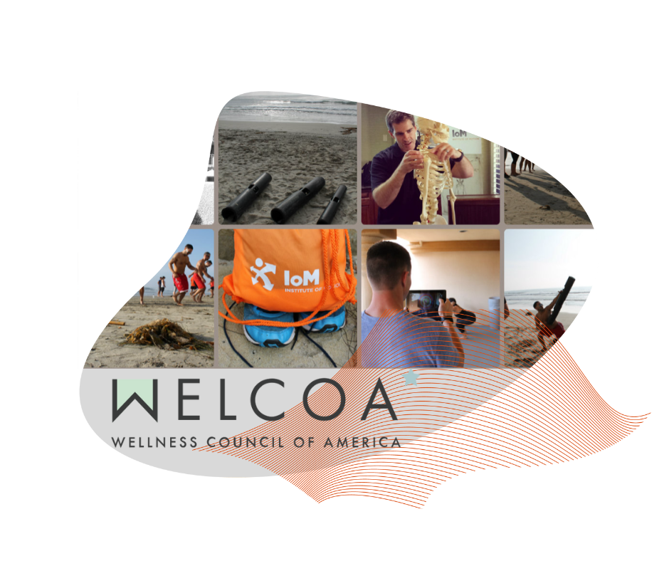 Collage of Institute of Motion training sessions with the WELCOA (Wellness Council of America) logo
